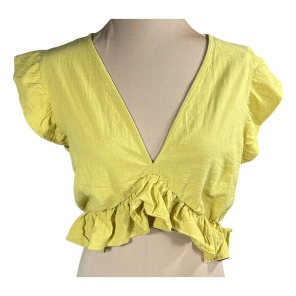 New FancyInn Cropped Top V-Neck Ruffle Mustard Yellow Size M Medium - Picture 1 of 5